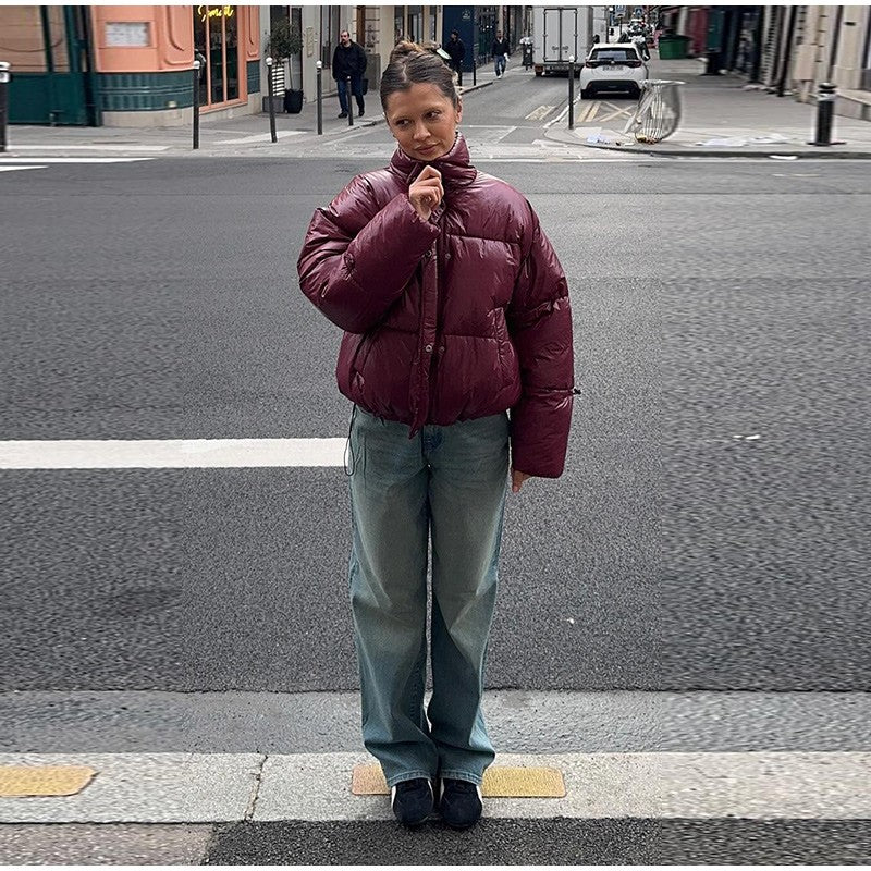 Thicken Cotton Jackets Women High Neck Long Sleeves Zipper Drawstring Coats Female 2025 Winter Fashion Chic Solid Warm Outwears