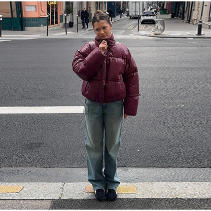 Thicken Cotton Jackets Women High Neck Long Sleeves Zipper Drawstring Coats Female 2025 Winter Fashion Chic Solid Warm Outwears