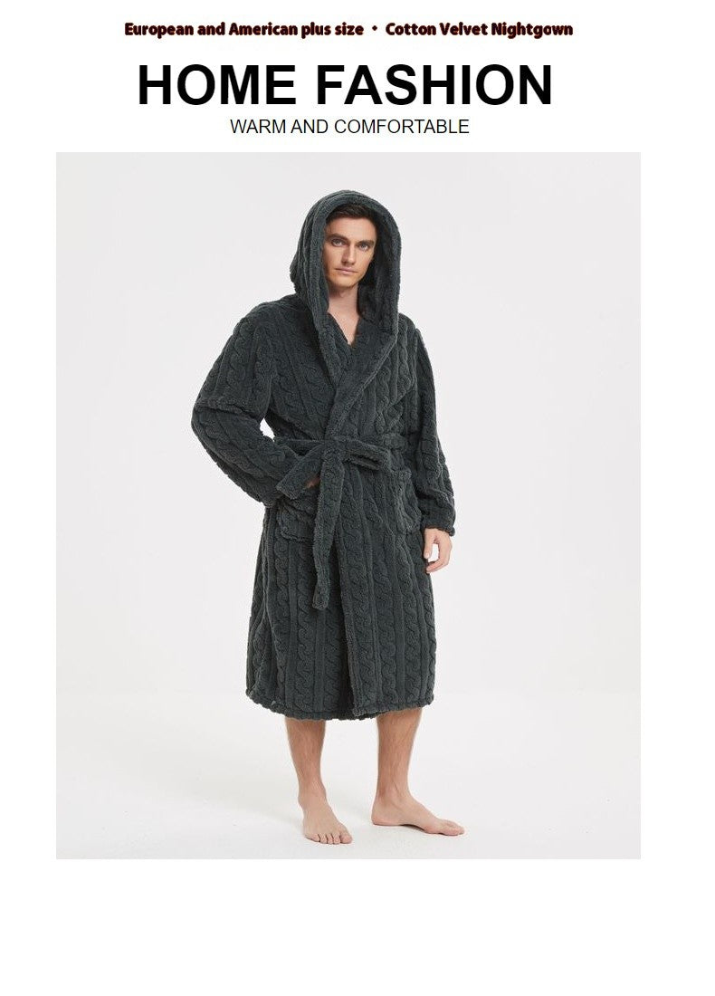 New American Cotton Velvet Jacquard Hooded Men's Dressing Gown with Fleece Thickened Autumn and Winter Couple Dressing Gown