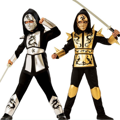 Kids Gold Sliver Dragon Ninja Cosplay Costume Boys Samurai Cosplay Hooded Pants Party Fancy Costume for Height 110-130cm