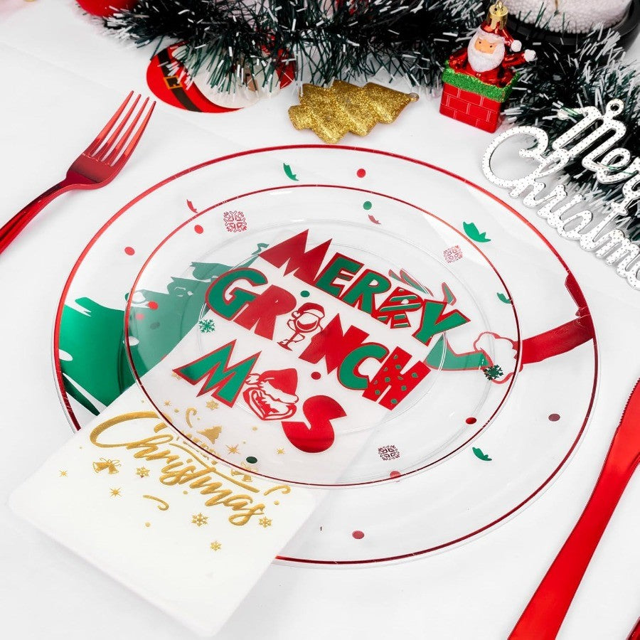 210 Peças Pratos Plásticos Transparentes Monstro Verde Conjunto Descartável de Louça de Natal Inclui 30 Pratos de Jantar, 30 Pratos de Sobremesa, 30 Garfos