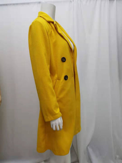 2024 European and American New Solid Color Lapel Mid length Button Woolen Coat for Women