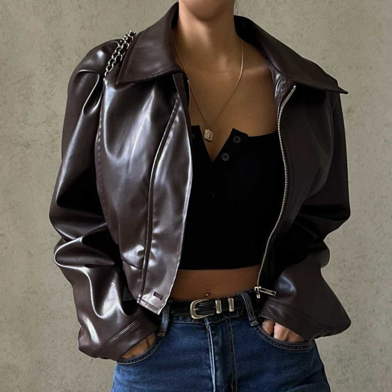 2025 Fashion Faux Leather Jacket Aesthetic Fashion Streetwear Turn-down Collar Coat Women Autumn Casual Simple Long Sleeve Coats