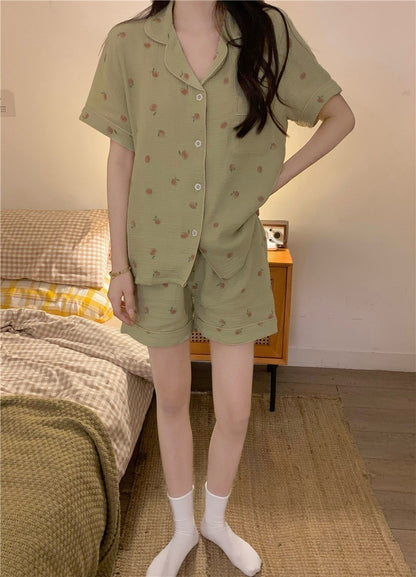 Women's Pajamas Set Foam Cotton Sleepwear Button down Tops and Shorts Pajama 2 Piece Suit Femme Nightwear Loungewear for Summer