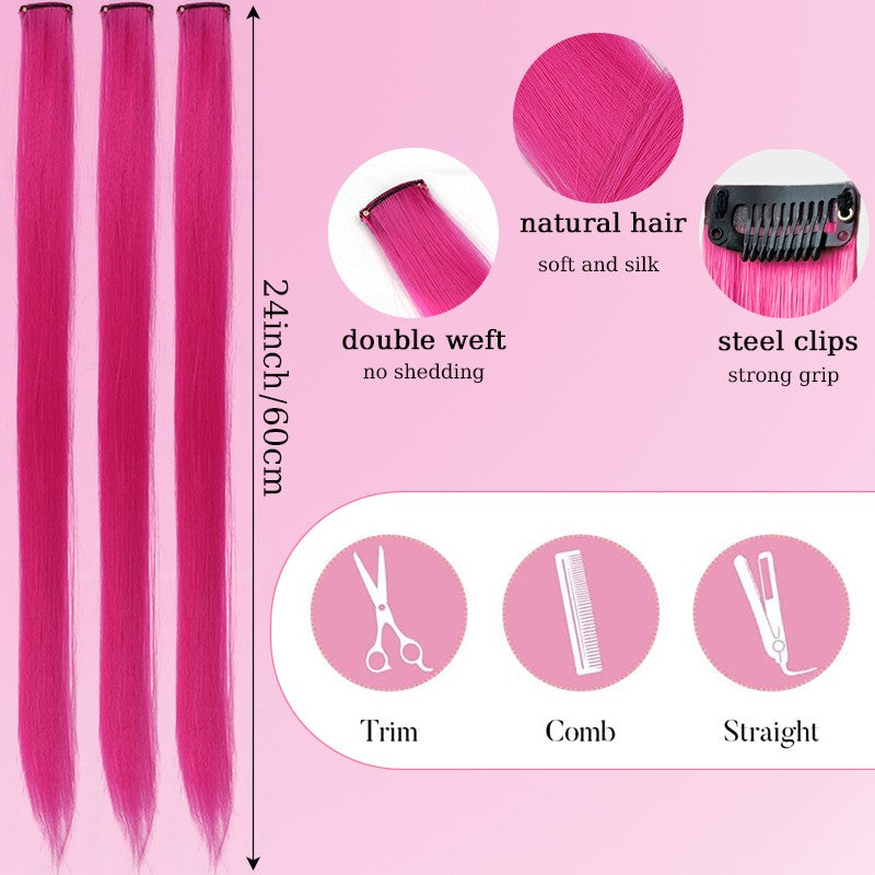10Pcs Pink Clip in Hair Extensions Party Highlights Wig Synthetic Colored Straight Hairpiece for Girls Kids Christmas Party Use