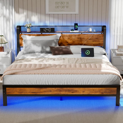 Cama Queen com Carregador e Luzes de LED, Cama Plataforma Queen Industrial com Cabeceira de Armazenamento, Porta USB