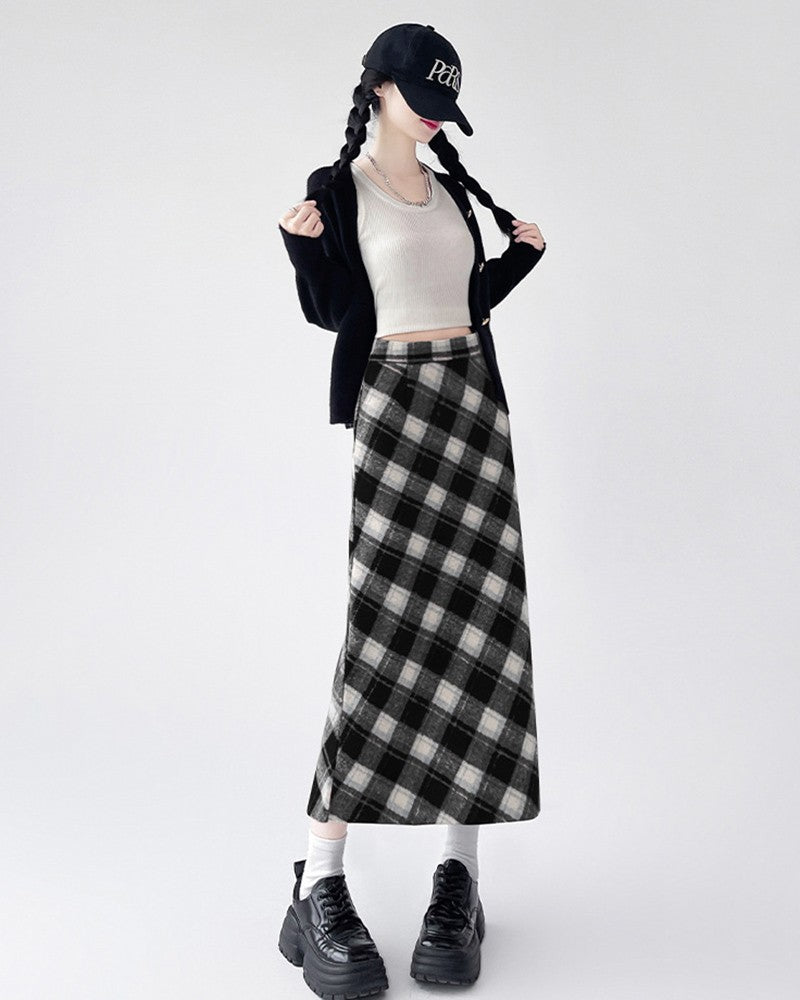 2025 Autumn Vintage Woolen Plaid Skirts Lady Elegant High Waist Slimming A-Line Skirt Women Korean Streetwear Slit Long Skirt