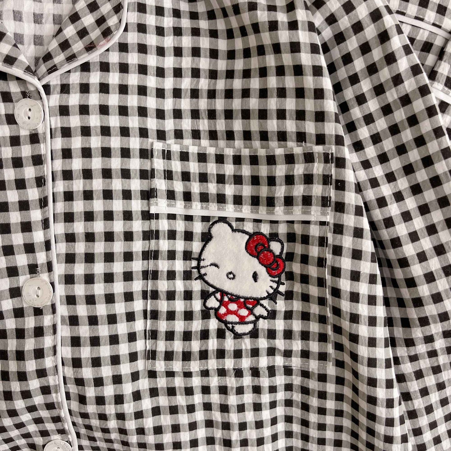 Hello Kitty Embroidered Women's Pajamas Set Fall Spring Plaid Print Loungewear Long Sleeve Cardigan Top and Pants Home Sleepwear