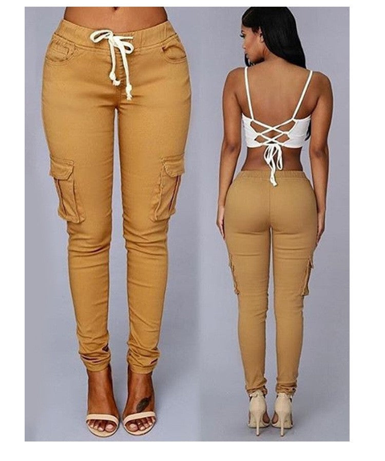 Women Slim Fit Pencil Pants Multi Pocket Drawstring Tie Waist Casual Trousers with Belt