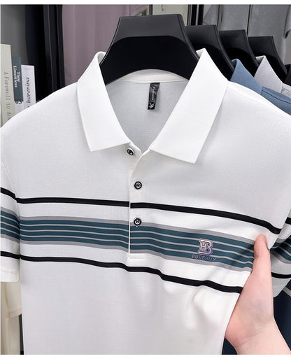 Advanced trend brand men's short sleeve polo shirt luxury striped summer breathable casual fashion letter embossed new T-shirt