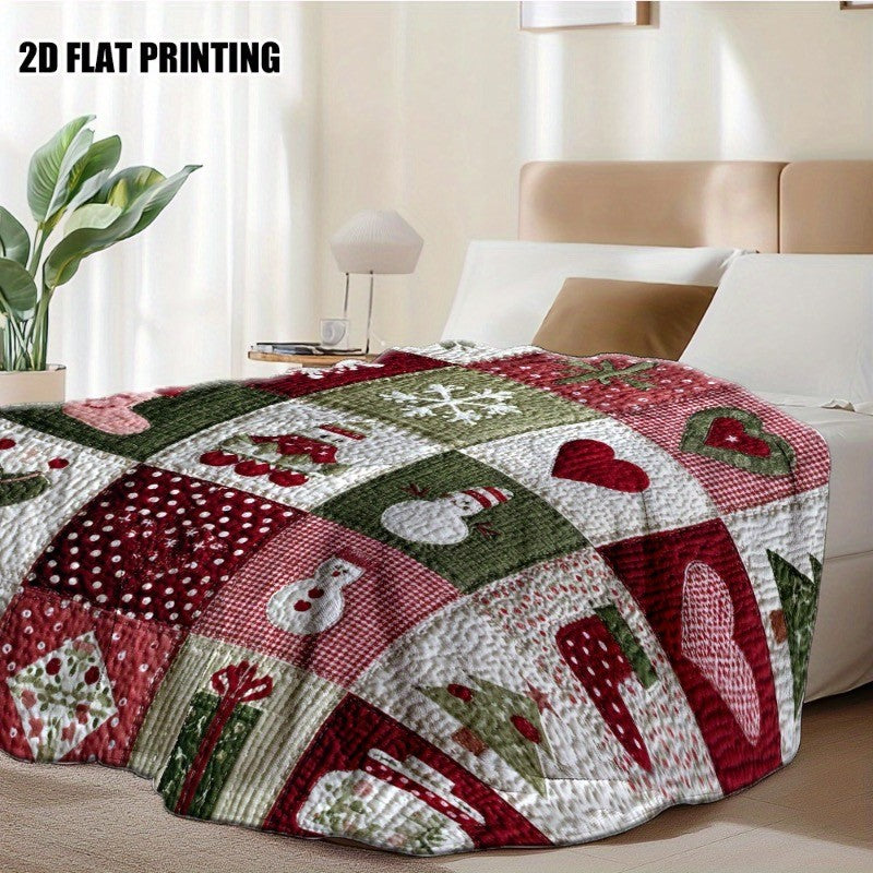 1 Manta de Sofá Fofinha de Flanela com Estampa de Quadrados Festivos de Natal - Design Aconchegante de Feriado com Gorros de Papai Noel, Corações e Flocos de Neve