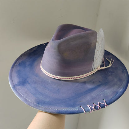 Chapéu Fedora Pintado à Mão Masculino e Feminino Chapéu Panamá Moda Primavera Outono com Pena Envolta Chapéu Fedora de Lã com Aba Grande