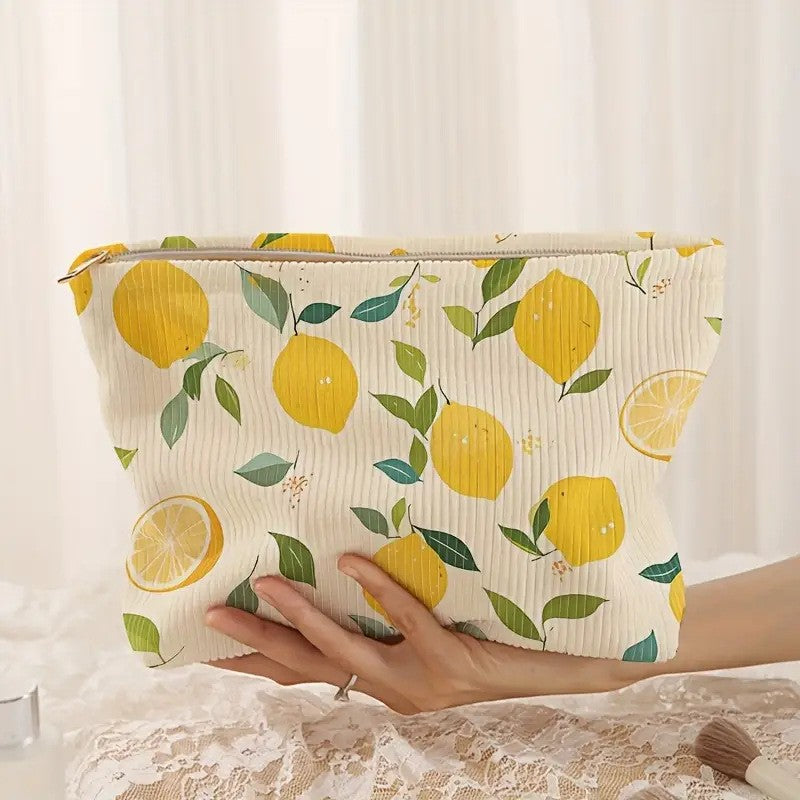 Minimally designed floral printed corduroy zipper makeup bag, lightweight and multifunctional cosmetic storage bag