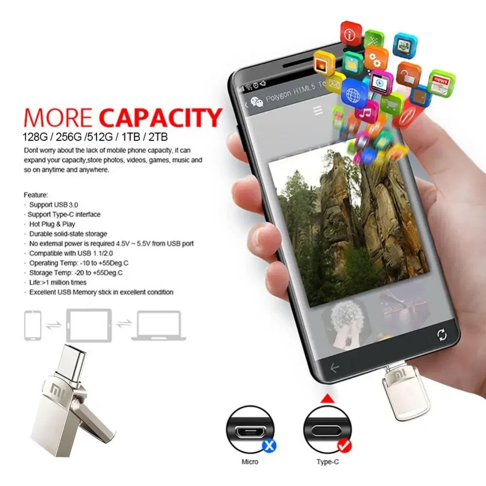 Xiaomi Metal 2TB Pendrive USB 3.0 Key Type C High Speed USB Flash Drive 512GB Storage PC Phone Data Transfer Memory Stick 128GB