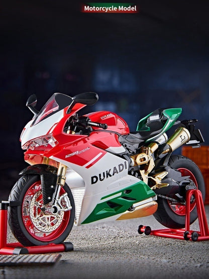 Modelos de motocicleta em miniatura 1:9 Scale 1299 V4S Brinquedos de motocicleta de liga leve com som, luz e absorção de choque, motocicletas de ornamento para presentes infantis