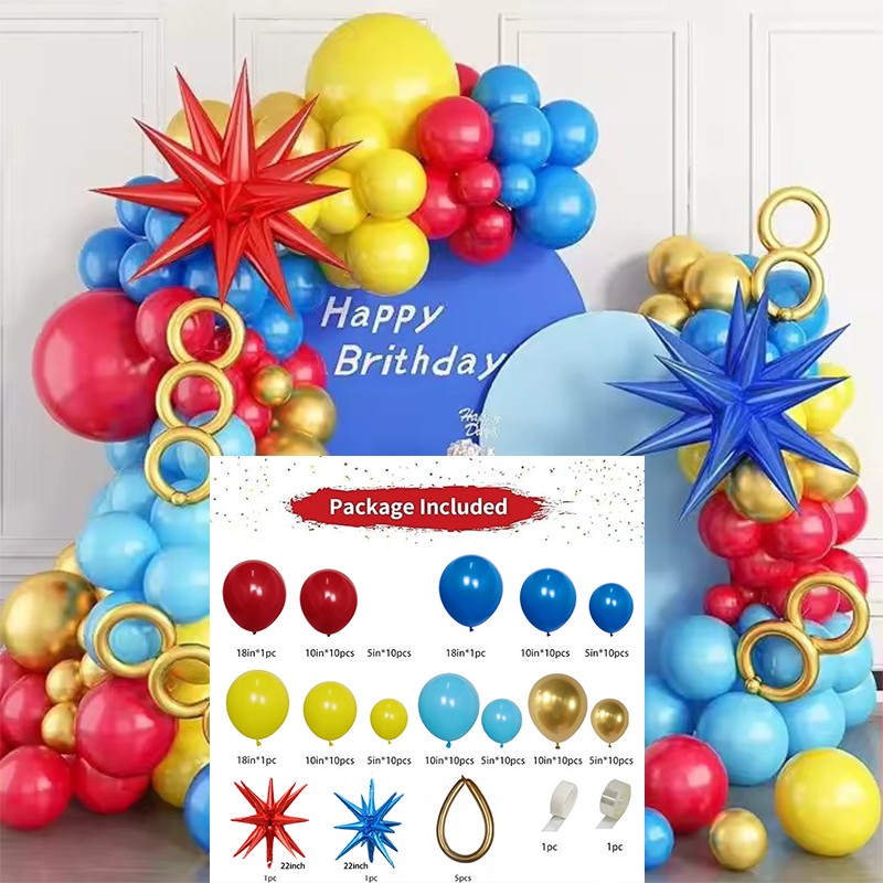 112Pcs Red Blue Yellow Balloons Metal Strip Balloons Arch Garland Kit Cartoon Carnival Circus Theme Birthday Party Decoration