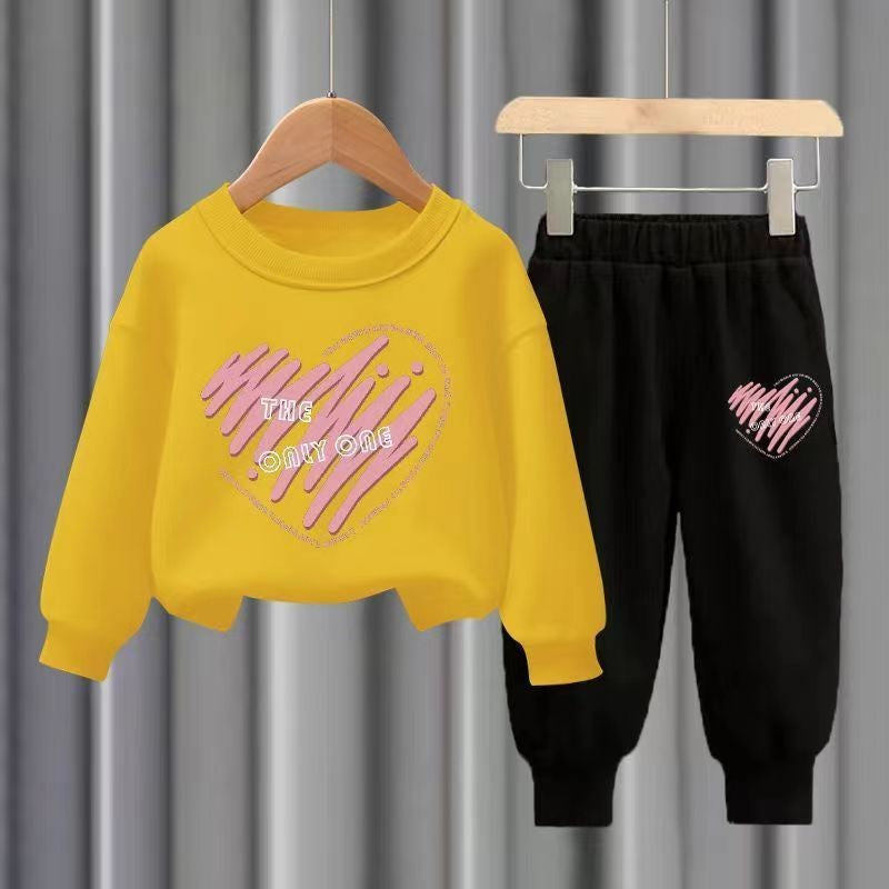 Conjuntos de 2 peças de blusa de manga comprida e calças de outono para crianças, meninos e meninas, agasalho esportivo estampado com corações para meninos e meninas