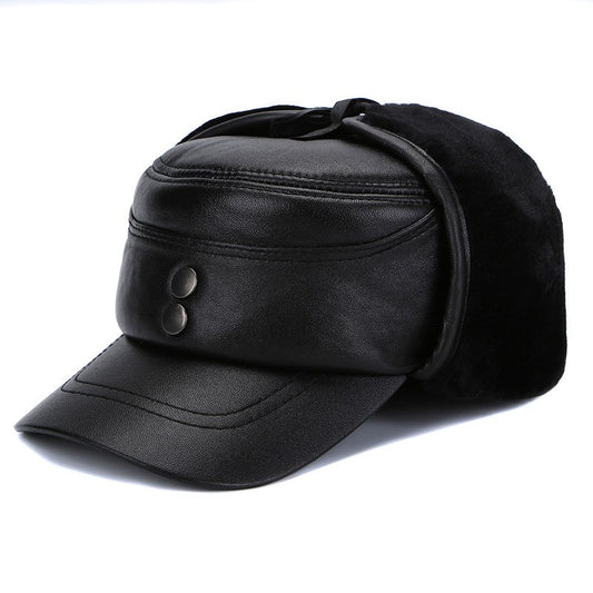 2025 New Style Men Ear Flap Genuine Leather Hat Winter Vintage Baseball Caps Thicken Warmer Flat Hats Fashion Real sheepskin Cap