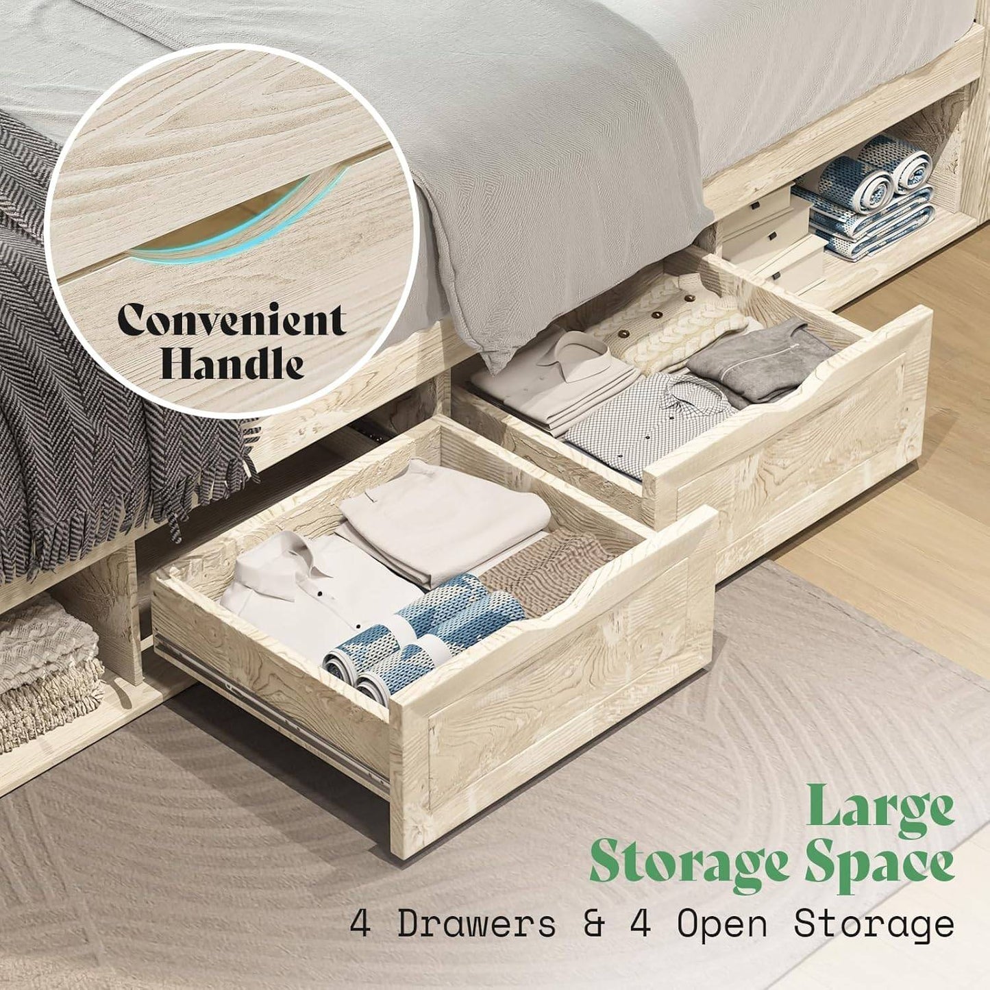 Farmhouse Bed Frame with 4 Drawers & 4 Open Storage Space, Queen Size Storage Bed with LED Light & Charging Station, Woo