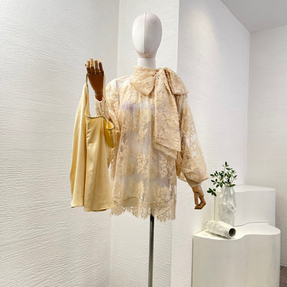 Milk Tea Color Long Sleeve Lace See Through Blouse Tops 2025 New Design