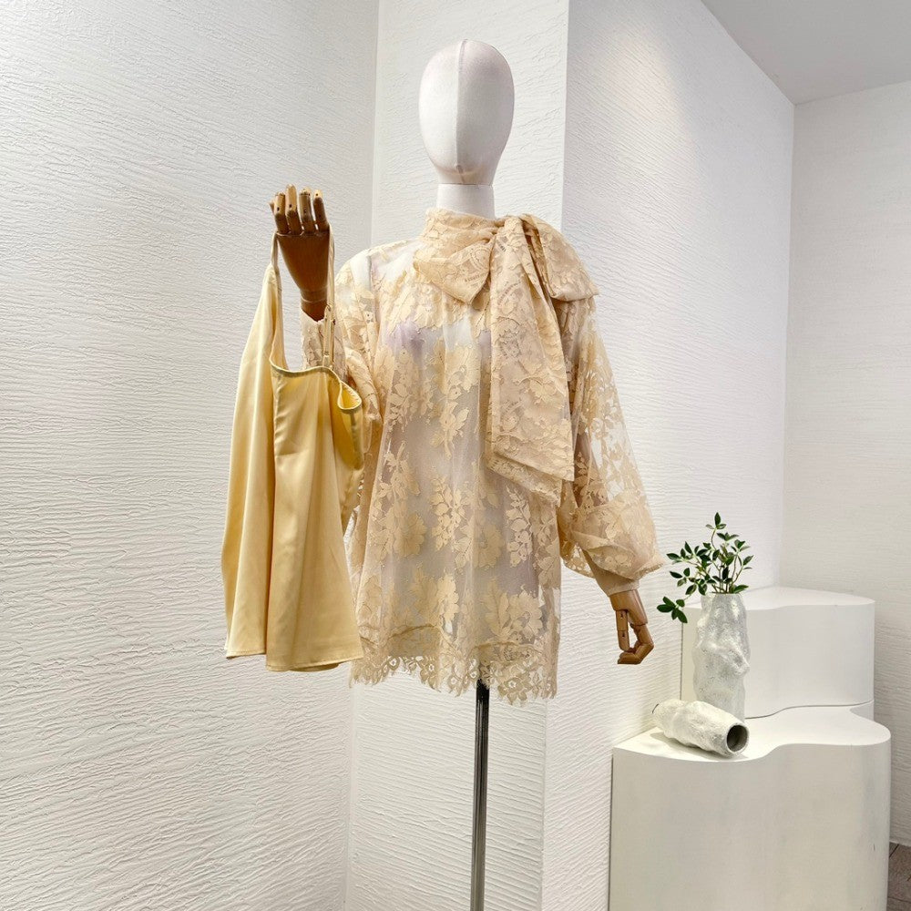 Milk Tea Color Long Sleeve Lace See Through Blouse Tops 2025 New Design