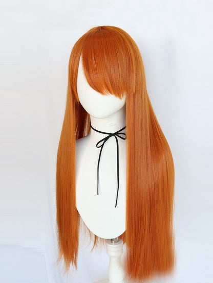 Peruca sintética para cosplay, 32 polegadas de comprimento, lisa, laranja, para Halloween, festas e 1 touca de peruca
