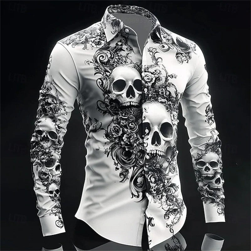 Men's Skull Day of the Dead Rose Shirt Casual Formal Button Shirt Long Sleeve Dark Punk Gothic Style Holiday Lapel Shirt White
