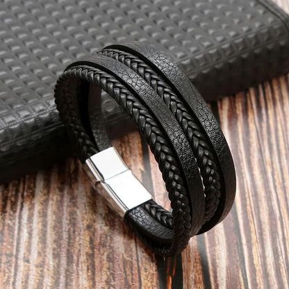 Pulseira de Couro Jiayiqi Masculina Punk Hip Hop Metal Charm Contas Olho de Tigre Pulseira Multicamadas para Homens Joia da Moda Presente