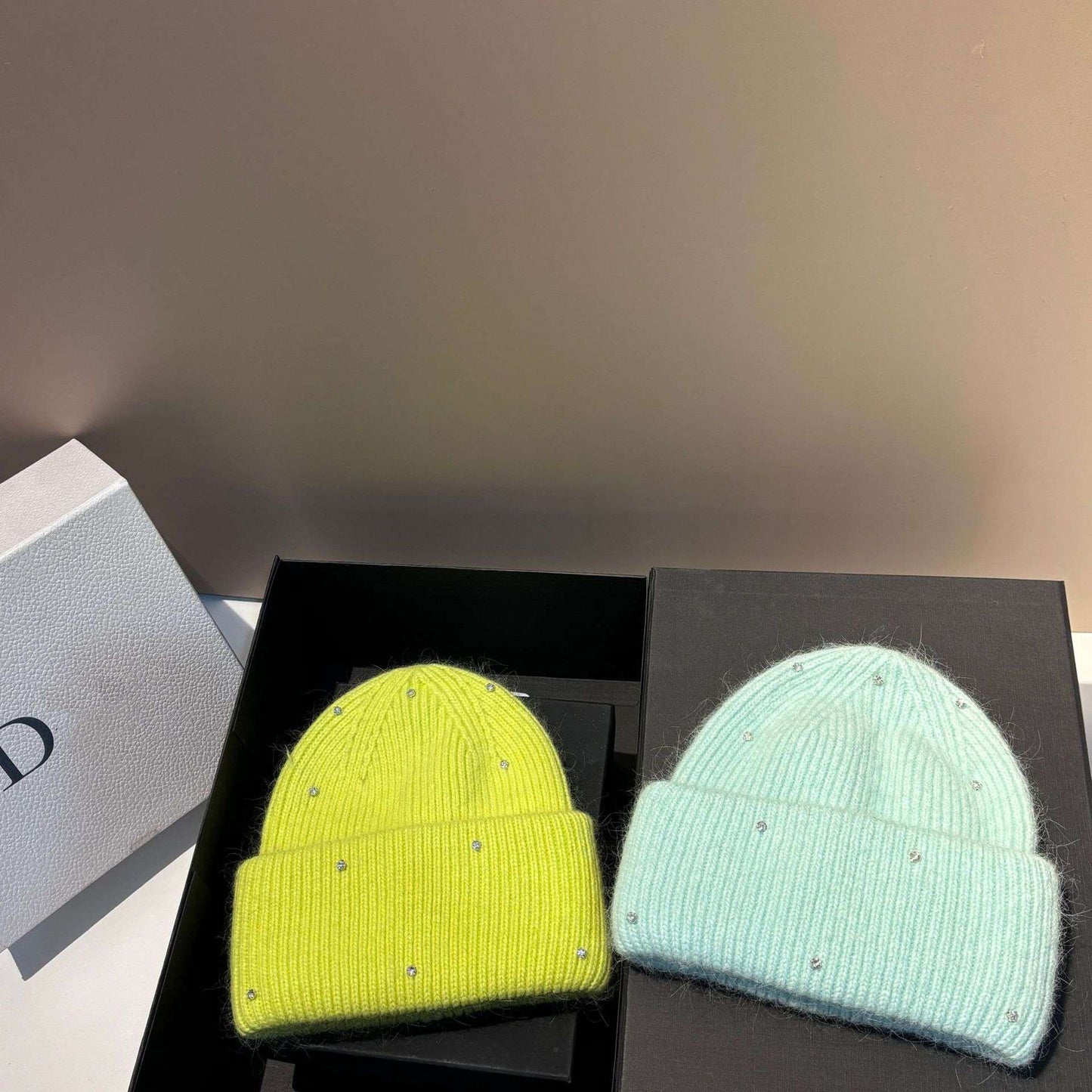 Rhinestone Decor Rabbit Fur Knitted Hat Warm Ear Flap Beanie for Women Luxury Soft Slouchy Cap Face Slimming Design