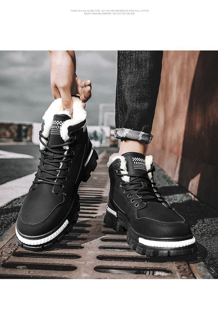 Men Snow Boots  Winter Anti Slip Plush Indoor Warm Cold Proof Snow Boots High Top Platform Lace Up Outdoor Sport Work Boots