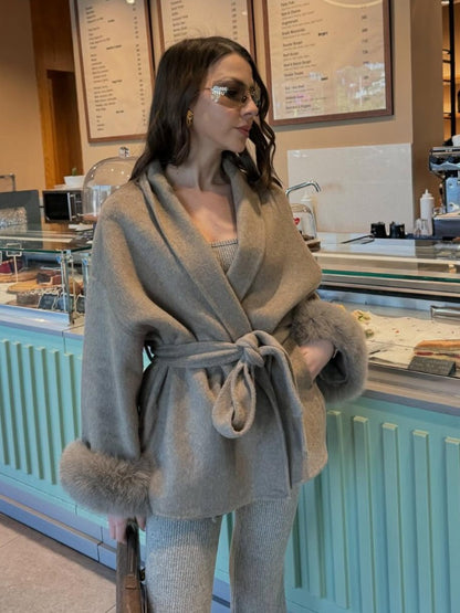 Solid Lace Up Faux Fur Sleeve Jacket Woman Elegant Mid-length V-neck Woolen Blend Coat Autumn Casual Fashion Scarf Outwear 2025