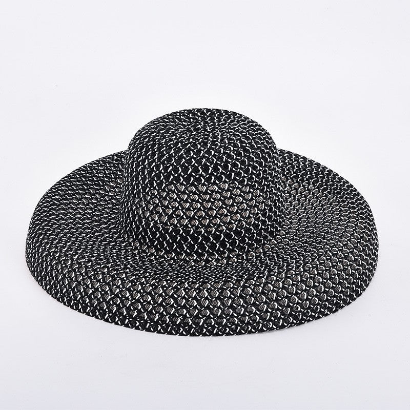 Chapéu de palha de verão PP preto e branco, chapéu de sol, protetor solar, férias, praia, abas largas, chapéu de sol de verão