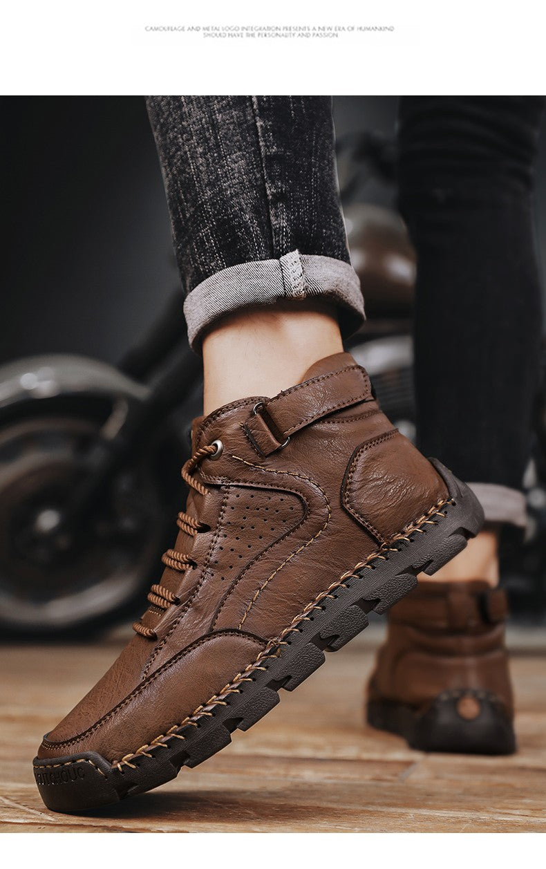 Botas masculinas costuradas à mão, sapatos casuais plus size, botas confortáveis e macias, botas antiderrapantes para uso externo