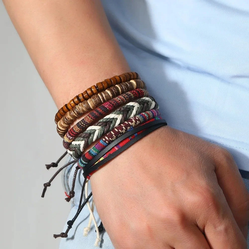 Conjunto de 4 Pulseiras Masculinas Trançadas de Couro com Fecho, Vintage Árvore da Vida Leme, Miçangas de Madeira, Étnicas Tribais, Bracelete de Corda