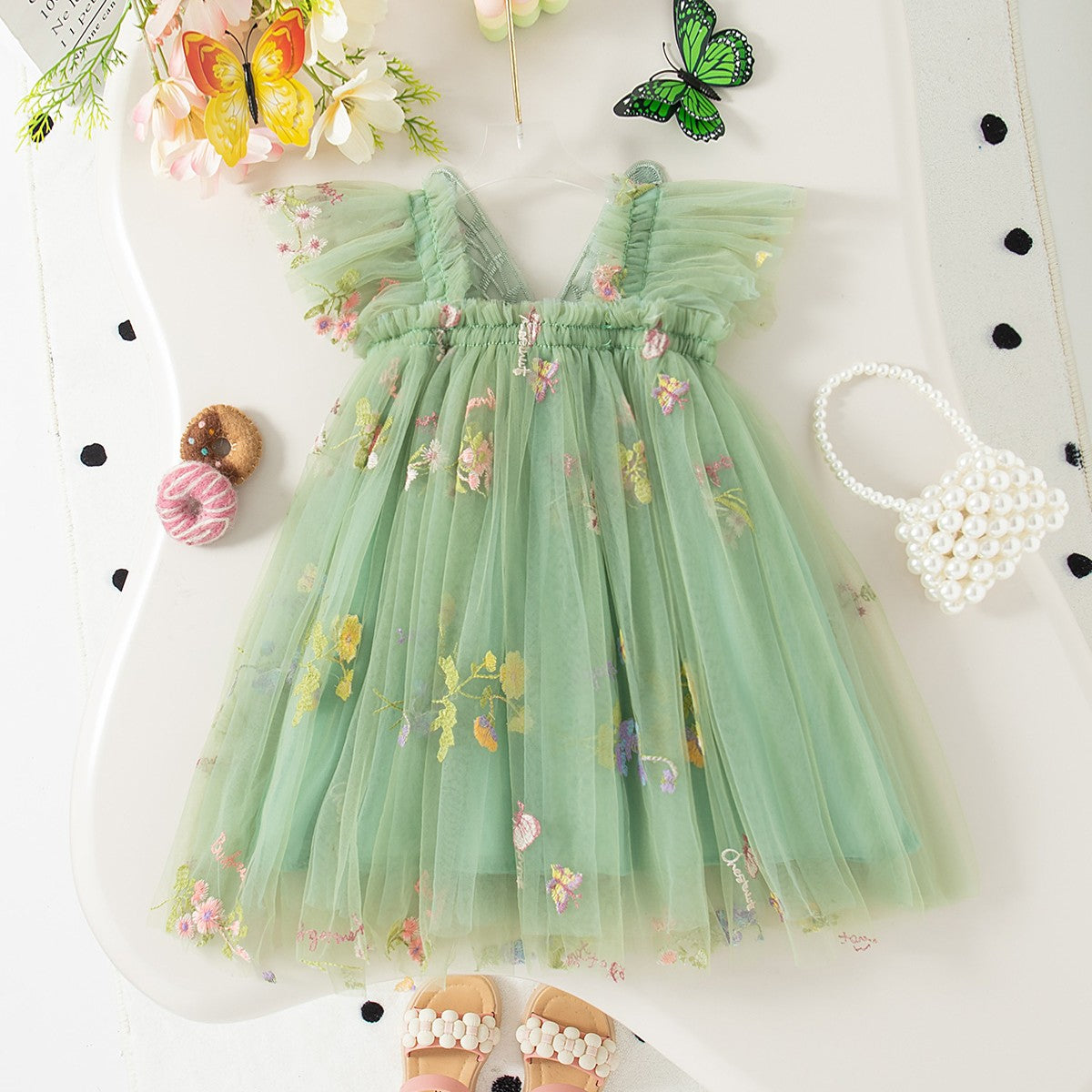 Summer New Sweet Butterfly Wing Baby Girl Princess Dress, Floral Chiffon Wedding Party Children'S Sleeveless Clothes (0-4 Years?