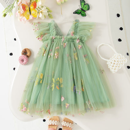 Summer New Sweet Butterfly Wing Baby Girl Princess Dress, Floral Chiffon Wedding Party Children'S Sleeveless Clothes (0-4 Years?