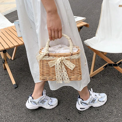 Straw Tote Hand Bags Summer Pearl Handle Handmade Knitted Handbag Storage Rattan Weaving Basket Shoulder Bag Women Girls