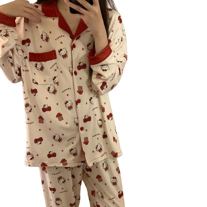Hello Kitty Women's 2025 Autumn Loose Fit Cardigan Pajama Set Long Sleeve Cozy Home Wear Sleepwear Loungewear Outfit