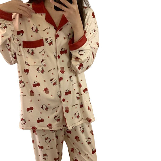 Hello Kitty Women's 2025 Autumn Loose Fit Cardigan Pajama Set Long Sleeve Cozy Home Wear Sleepwear Loungewear Outfit