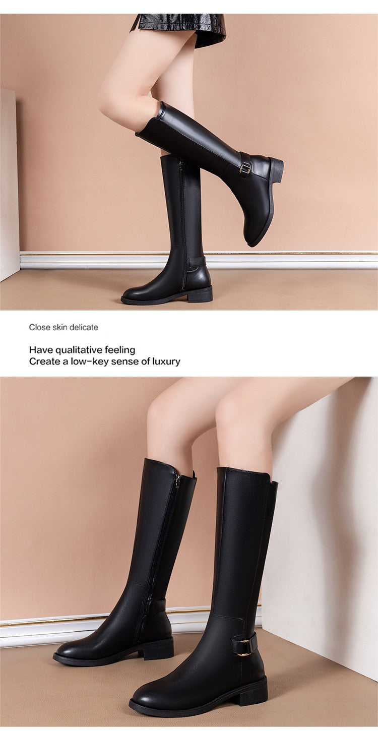 Black Pu Leather Knee Boots for Women Shoes Metal Buckle Decoration New Fashion Outdoor Long Botas Ladies Footwear Size 34-41