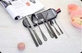Conjunto de Talheres de Aço Inoxidável, Portátil, Faca, Garfo, Colher, Hashi, Canudo, Ocidental, Presente de Viagem, Conjunto de 9 Peças