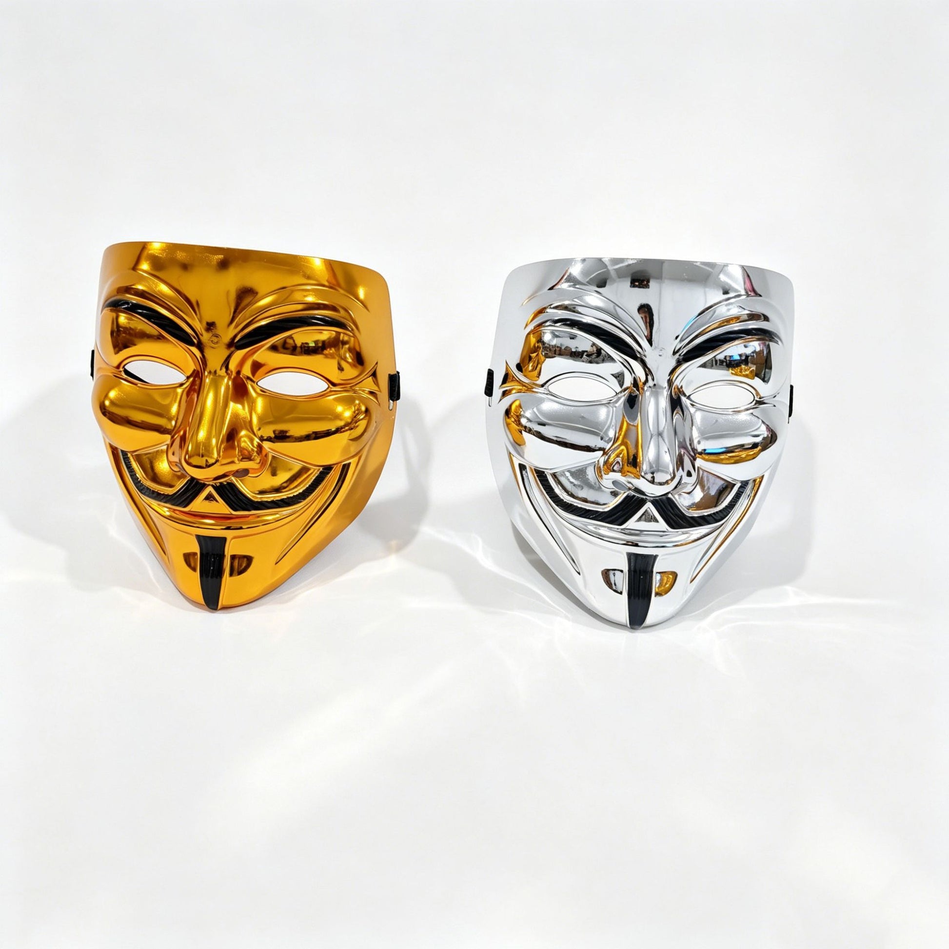 2pcs Metallic Gold & Silver Full Face Mask Set Anonymous Style Adjustable Strap Masquerade Halloween Cosplay Costume