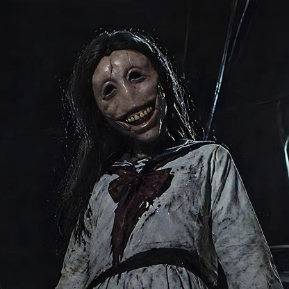 Scary Female Ghost Mask Long Hair Latex Mask Full Face Creepy Smile Halloween Cosplay Horror Party Haunted House Prop
