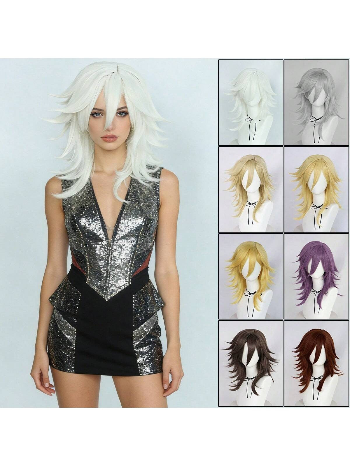 Synthetic Medium Length Fluffy Spiky Women Man Layered Straight Anime Cosplay Wig with Bangs for Halloween Party