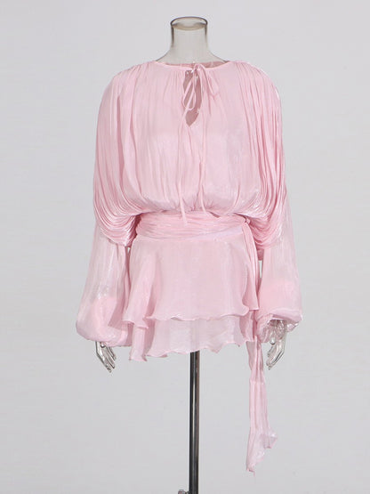TWOTWINSTYLE Elegant Ruched Mini Dress For Women Round Neck Lantern Long Sleeve