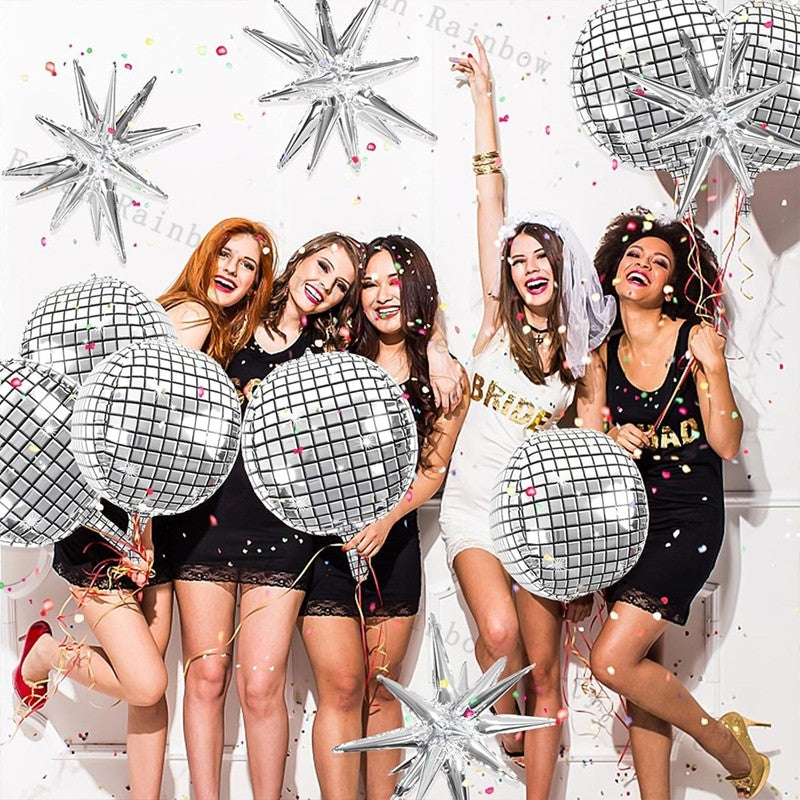 10/22inch 4D Silver Disco Ball Explosion Star Balloon Metallic Disco Balloon Set for Disco Party Wedding Birthday Party Decor