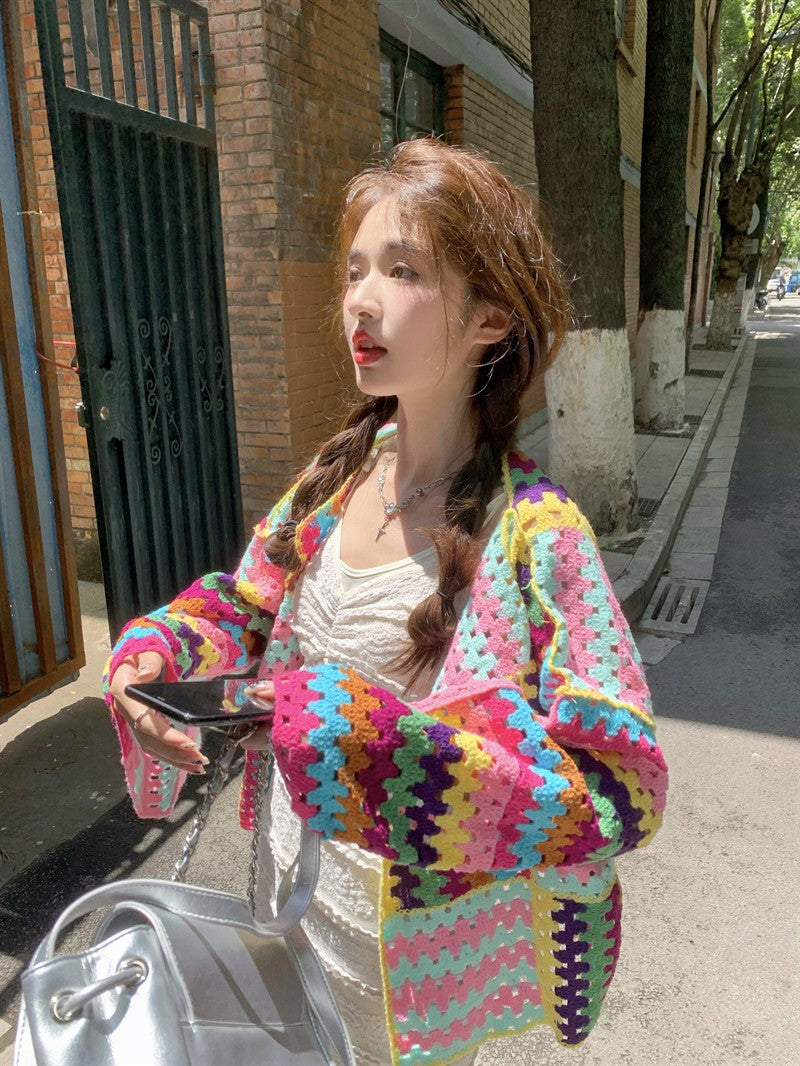 SALIENCY Colorful Crochet Knit Hollow Cardigan Sweater Jacket Women Spring Top Loose Short Knitwear