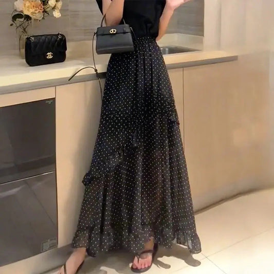 Plus Size Black Polka Dot Print Asymmetrical Hem Loose Women's Skirt Summer New Fashion Design Sense Midi Skirt Large Size Ha...