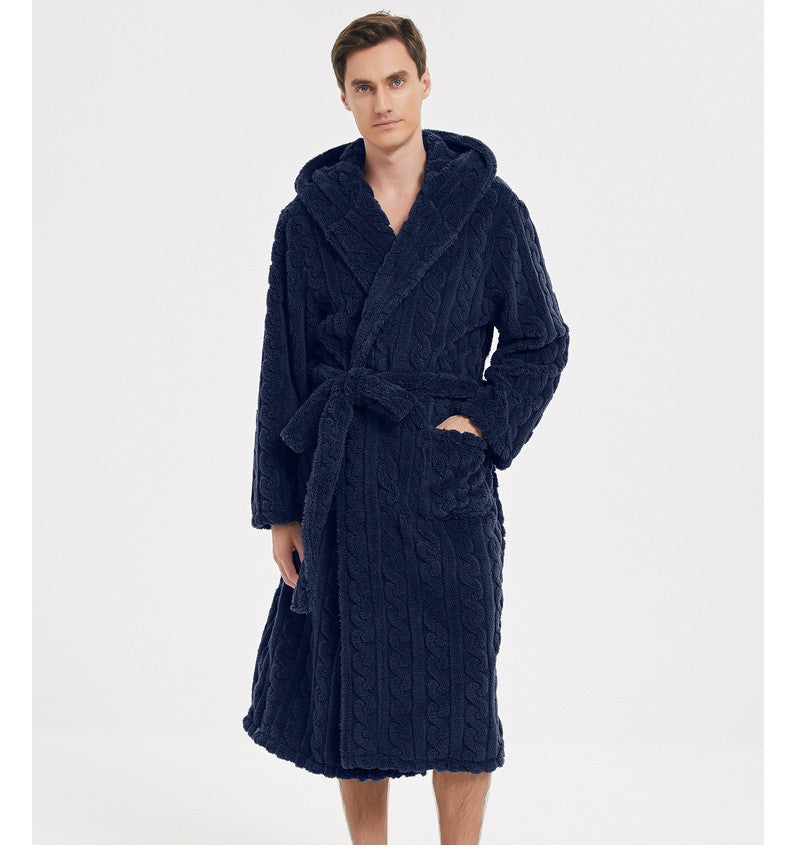New American Cotton Velvet Jacquard Hooded Men's Dressing Gown with Fleece Thickened Autumn and Winter Couple Dressing Gown