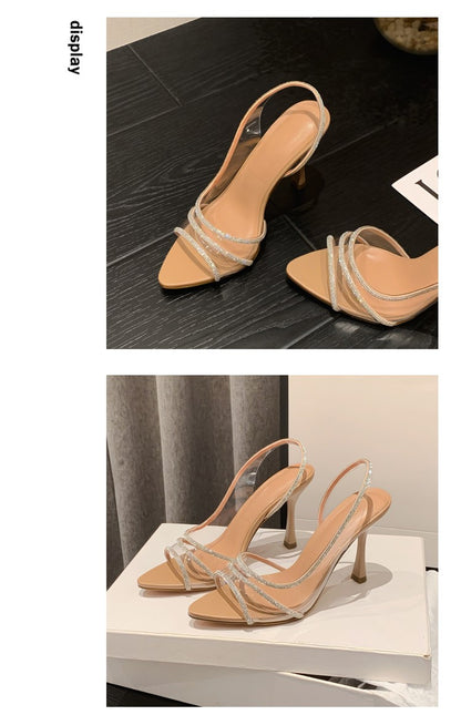 Sapatos de Salto Femininos com Strass e Tira Traseira para o Verão, Sandálias Transparentes de Salto Alto para Escritório, Bico Fino Elegante, Salto Alto Sexy Feminino